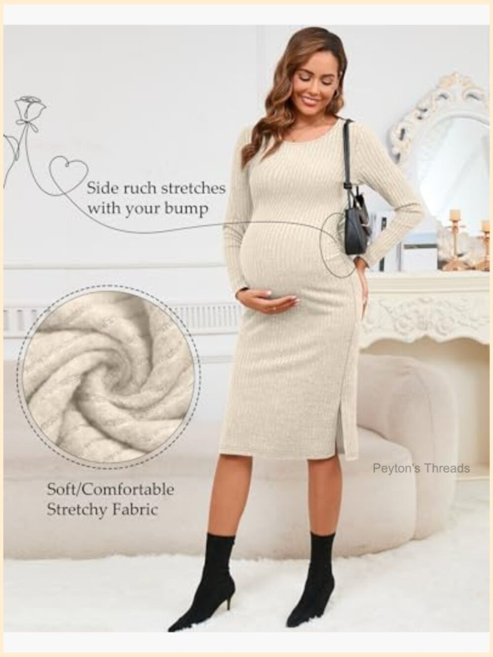 Ribbed Knit Maternity Bodycon Dress Long Sleeve Side Slit Baby Shower - Picture 4 of 7